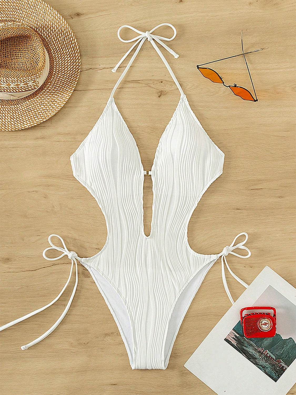 Textured Cutout Tied One-Piece Swimwear