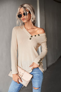 Waffle-Knit Button Detail V-Neck Top