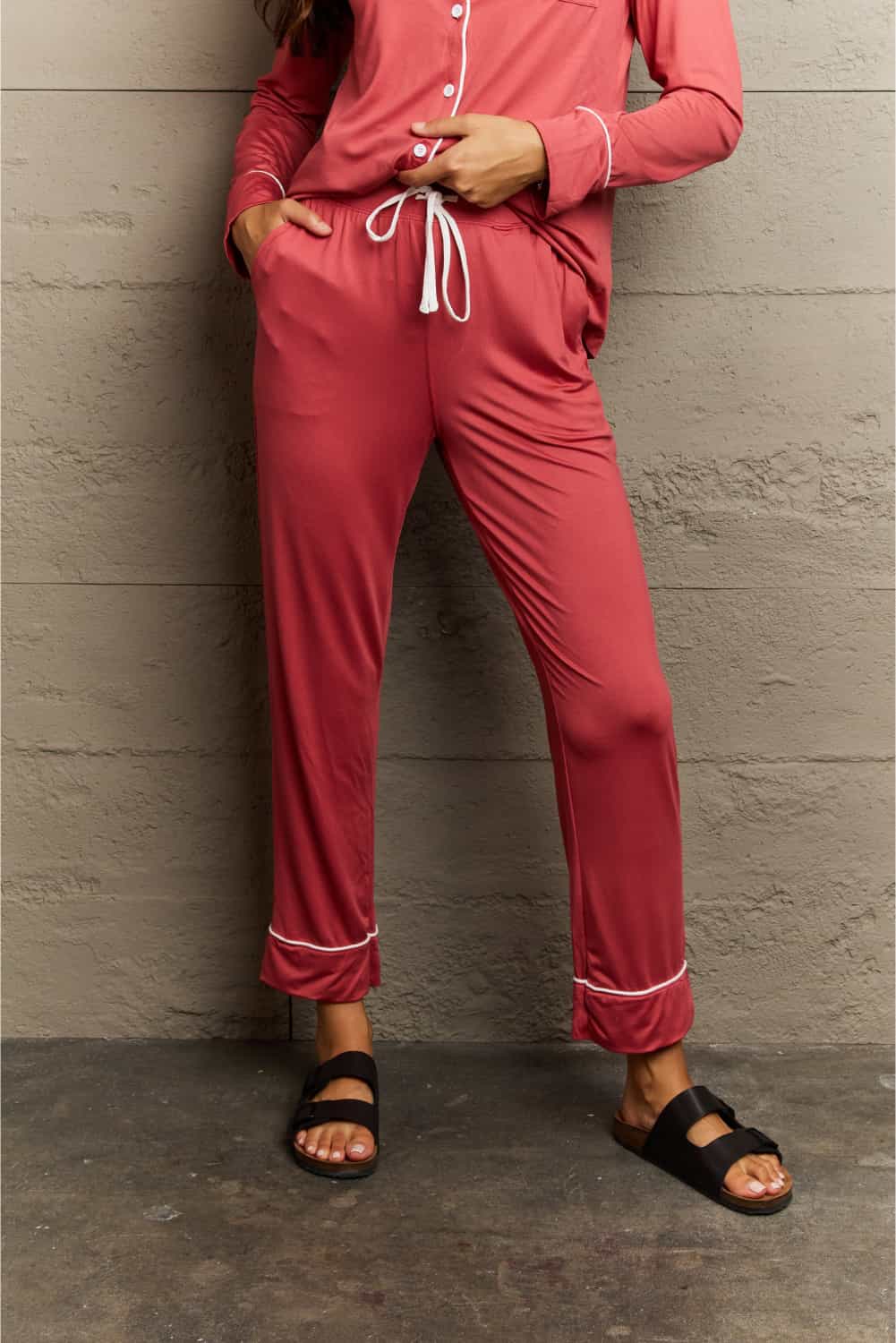Full Size Buttoned Collared Neck Top and Pants Pajama Set