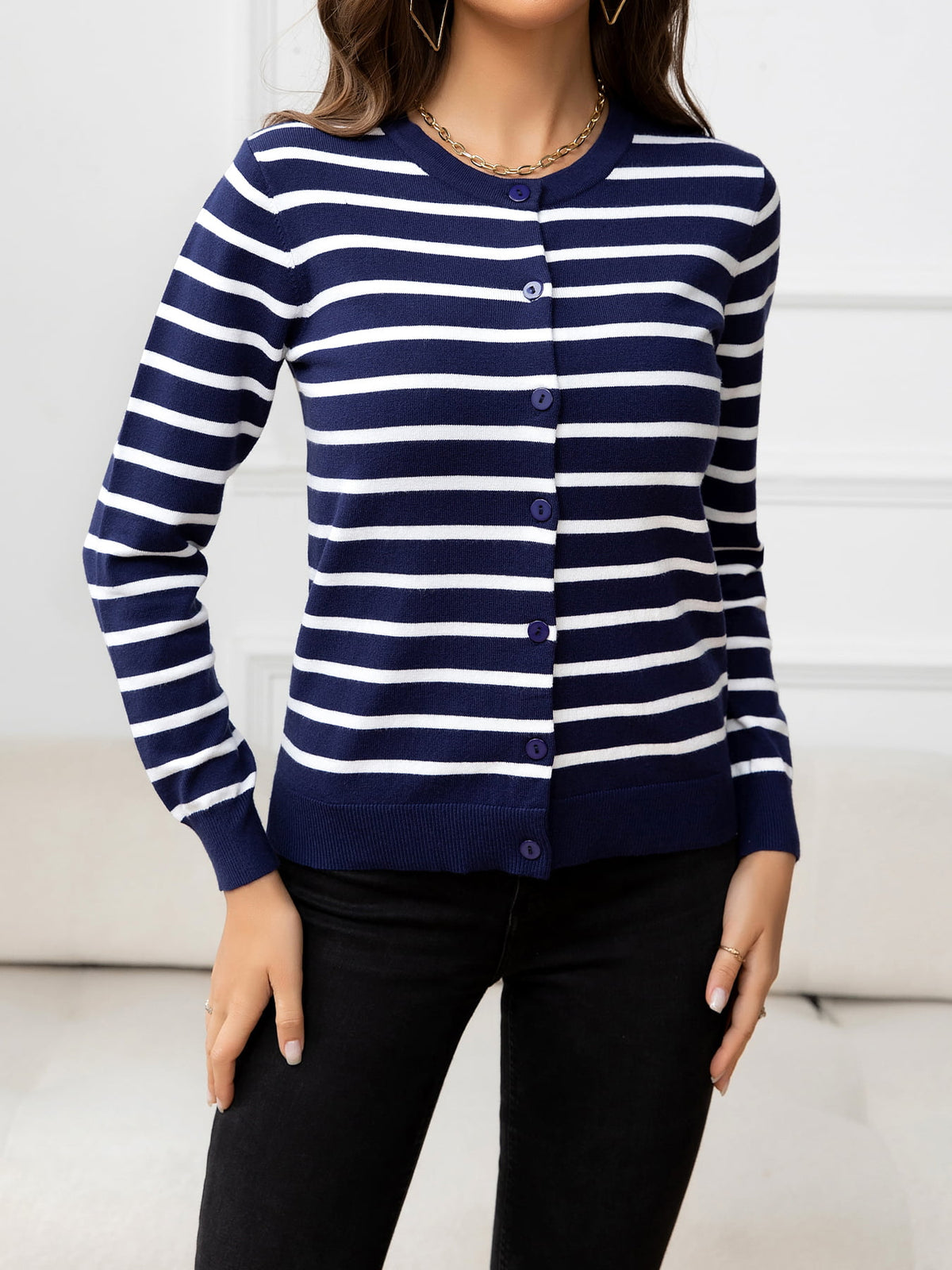 Striped Round Neck Long Sleeve Buttoned Knit Top