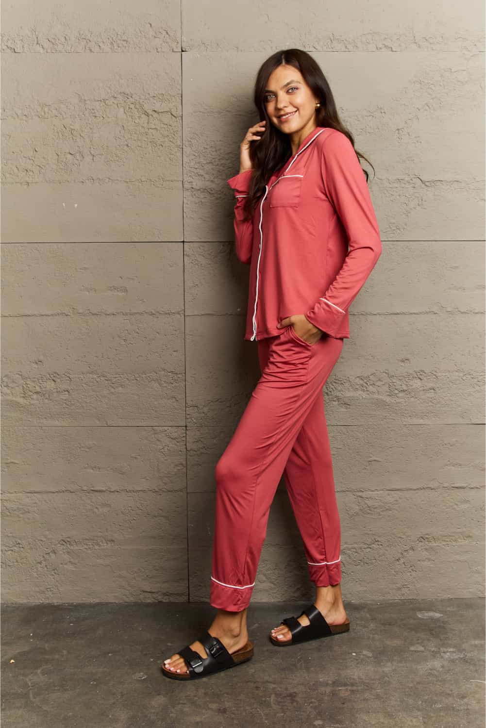 Full Size Buttoned Collared Neck Top and Pants Pajama Set
