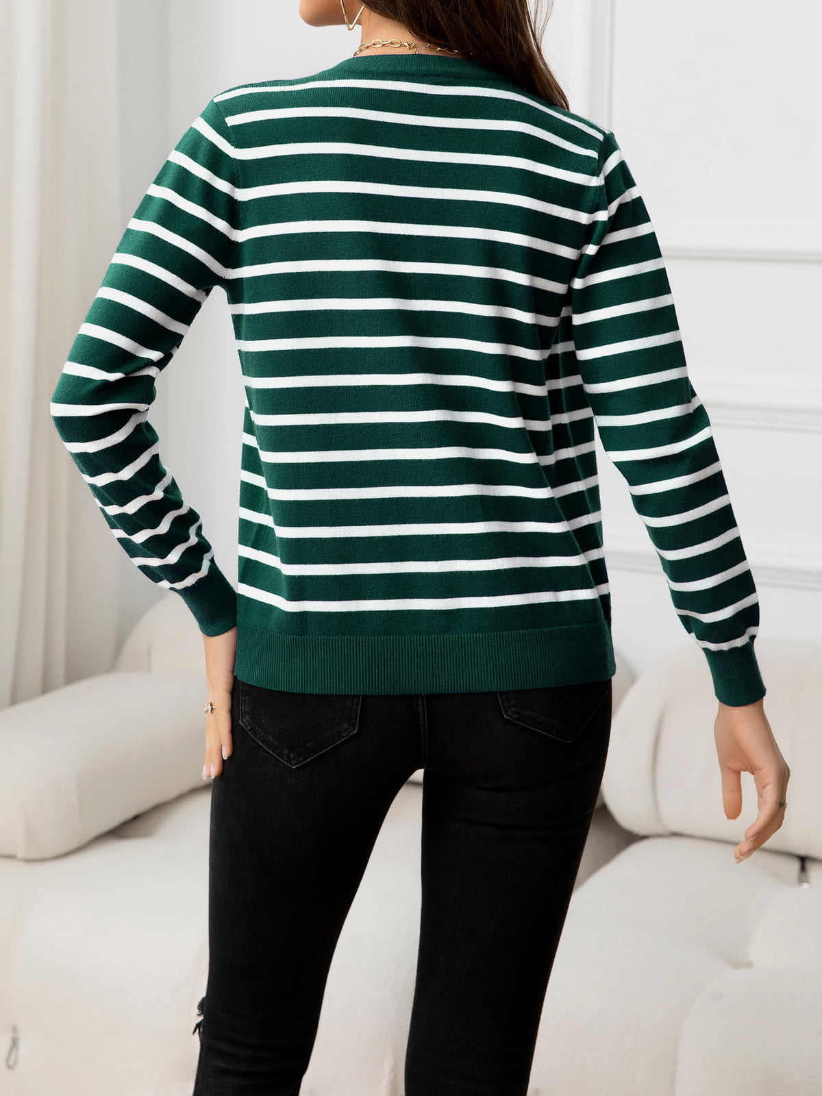 Striped Round Neck Long Sleeve Buttoned Knit Top