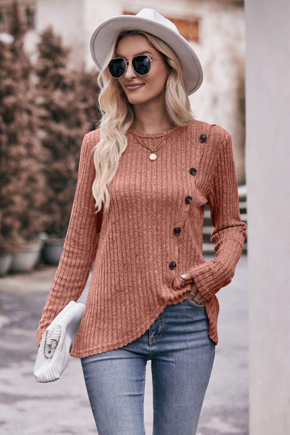 Double Take Ribbed Round Neck Buttoned Long Sleeve Tee