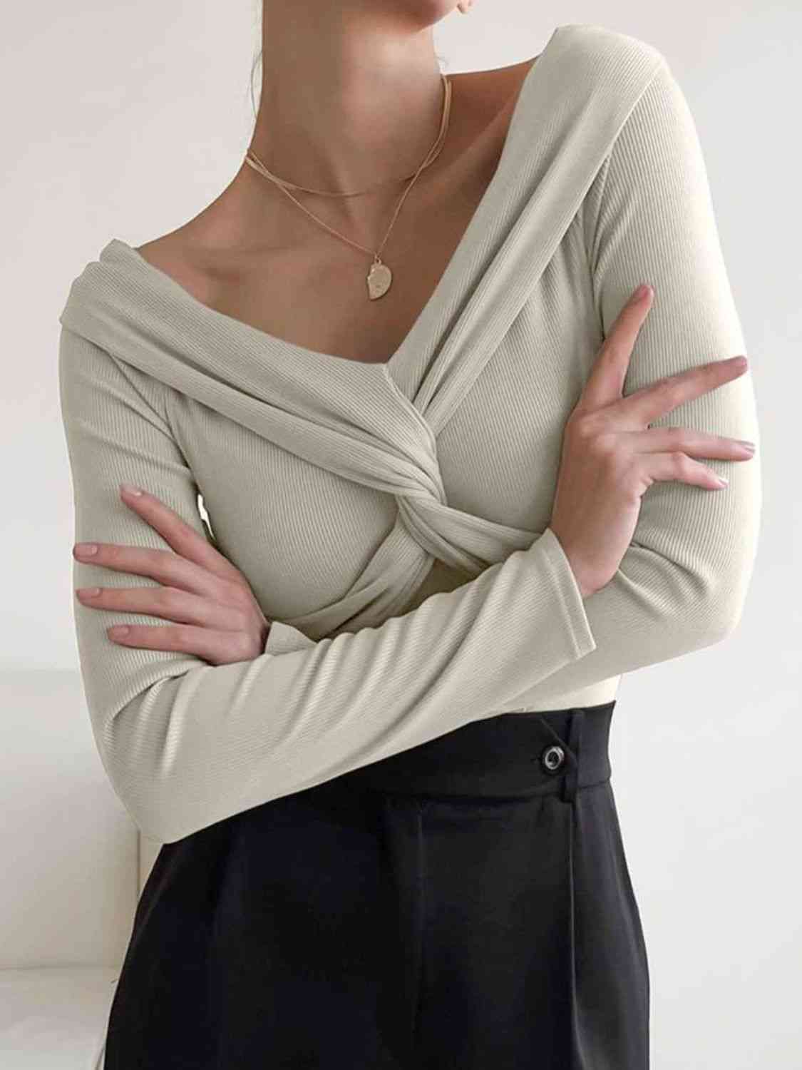 V-Neck Twisted Long Sleeve Knit Top