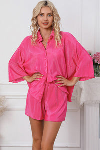 Pleated Button Up Shirt and Shorts Lounge Set