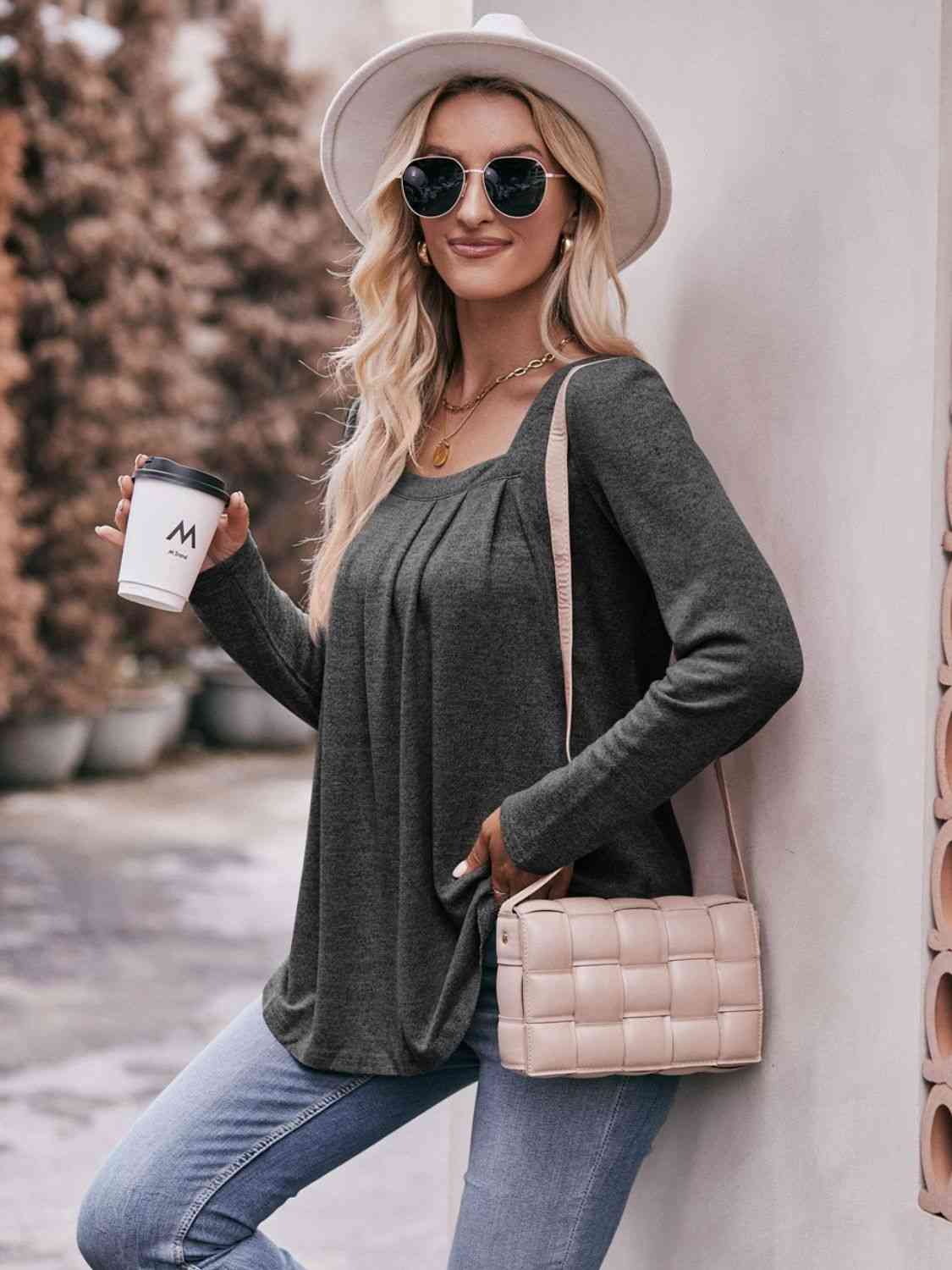 Double Take Pleated Detail Curved Hem Long Sleeve Top
