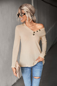 Waffle-Knit Button Detail V-Neck Top